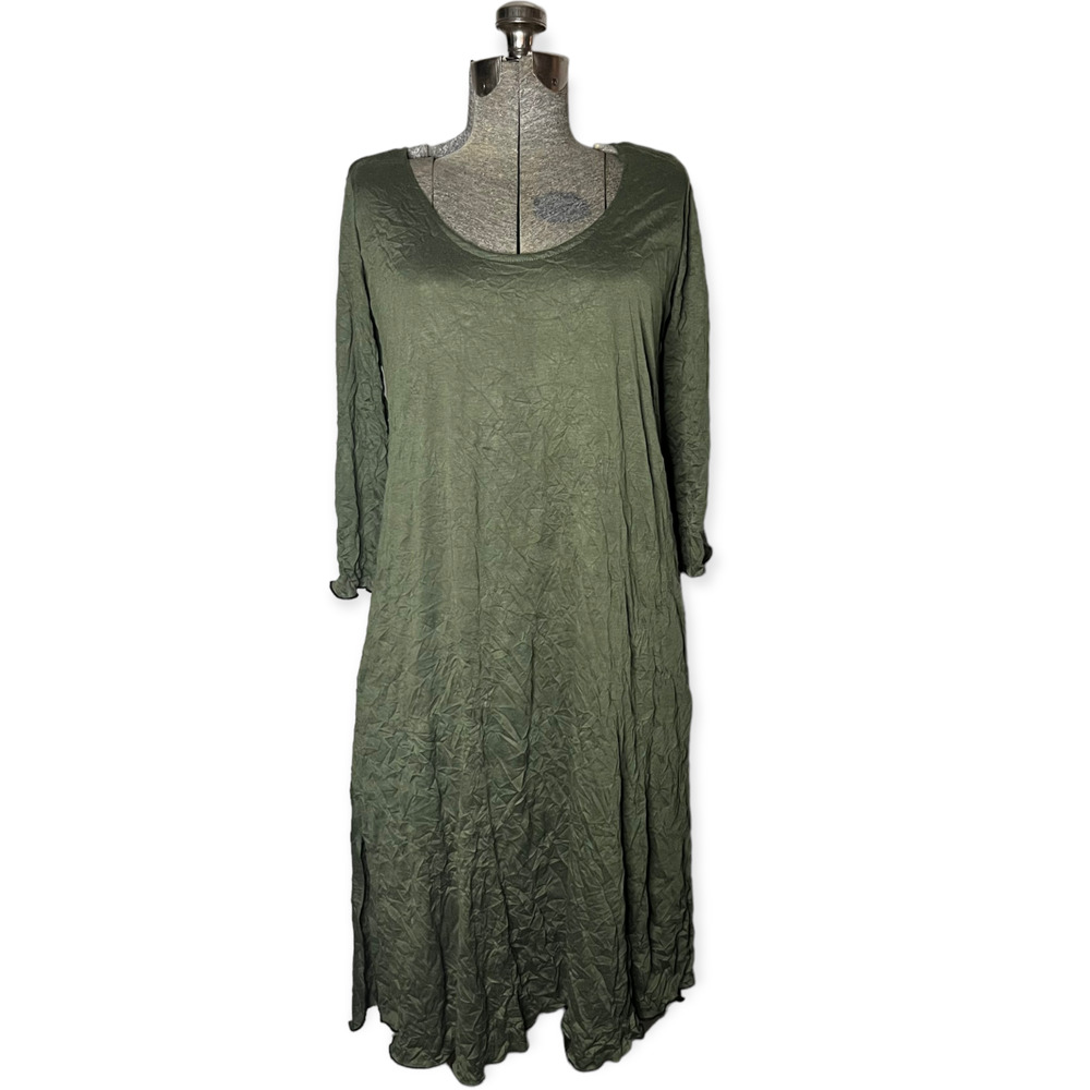 Vintage Lee Andersen Olive Green Rayon Blend Scoop Neck Crinkle Dress Size M - Picture 16 of 16